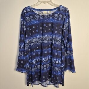 Westbound Woman 1X Blue Boho Bandana Print Long Sleeve Tunic Top